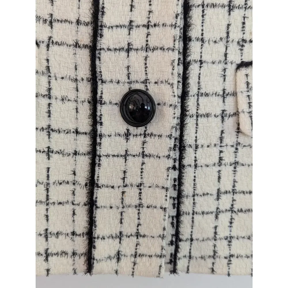 Kasper Tweed Plaid Jacket Blazer 6 Ivory Black Trim Collarless Chanel Style